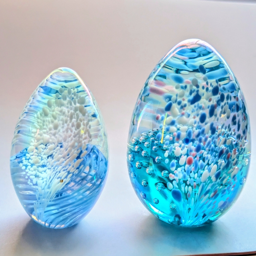 2 Vintage Hand-blown Iridescent Signed Art Glass Paperweights